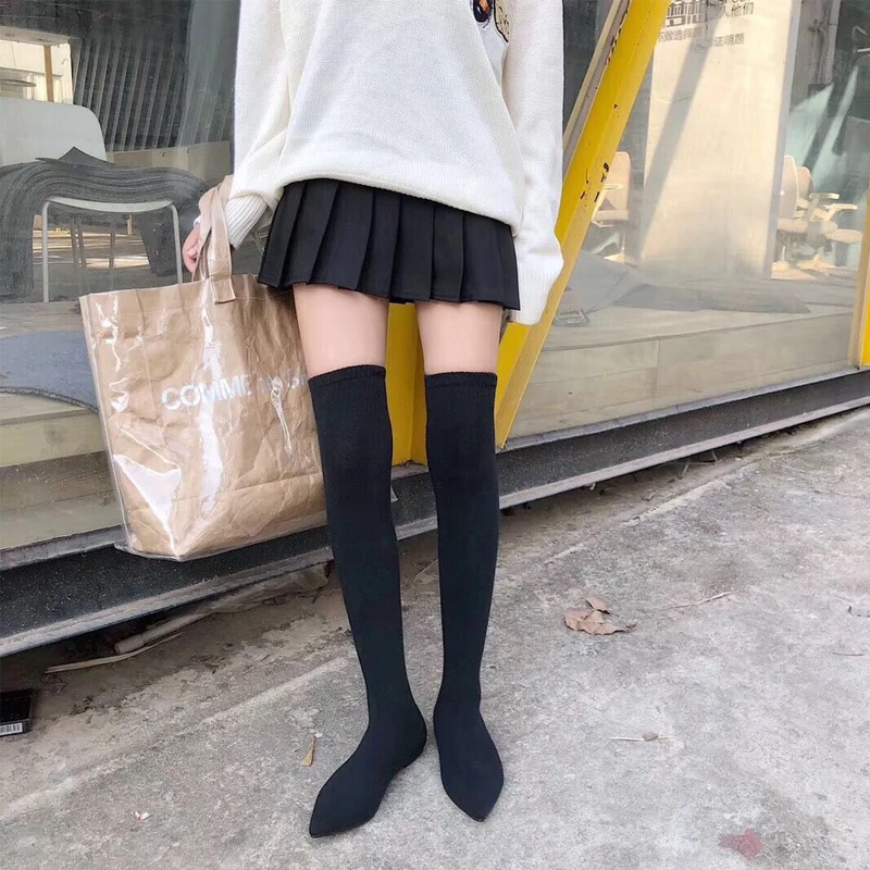 Over The Knee Women Boots Knitting Spring Autumn Slip On Knee Boots Pointed Toe Casual Dress Shoes Sock Boots Fashion Knee Boots