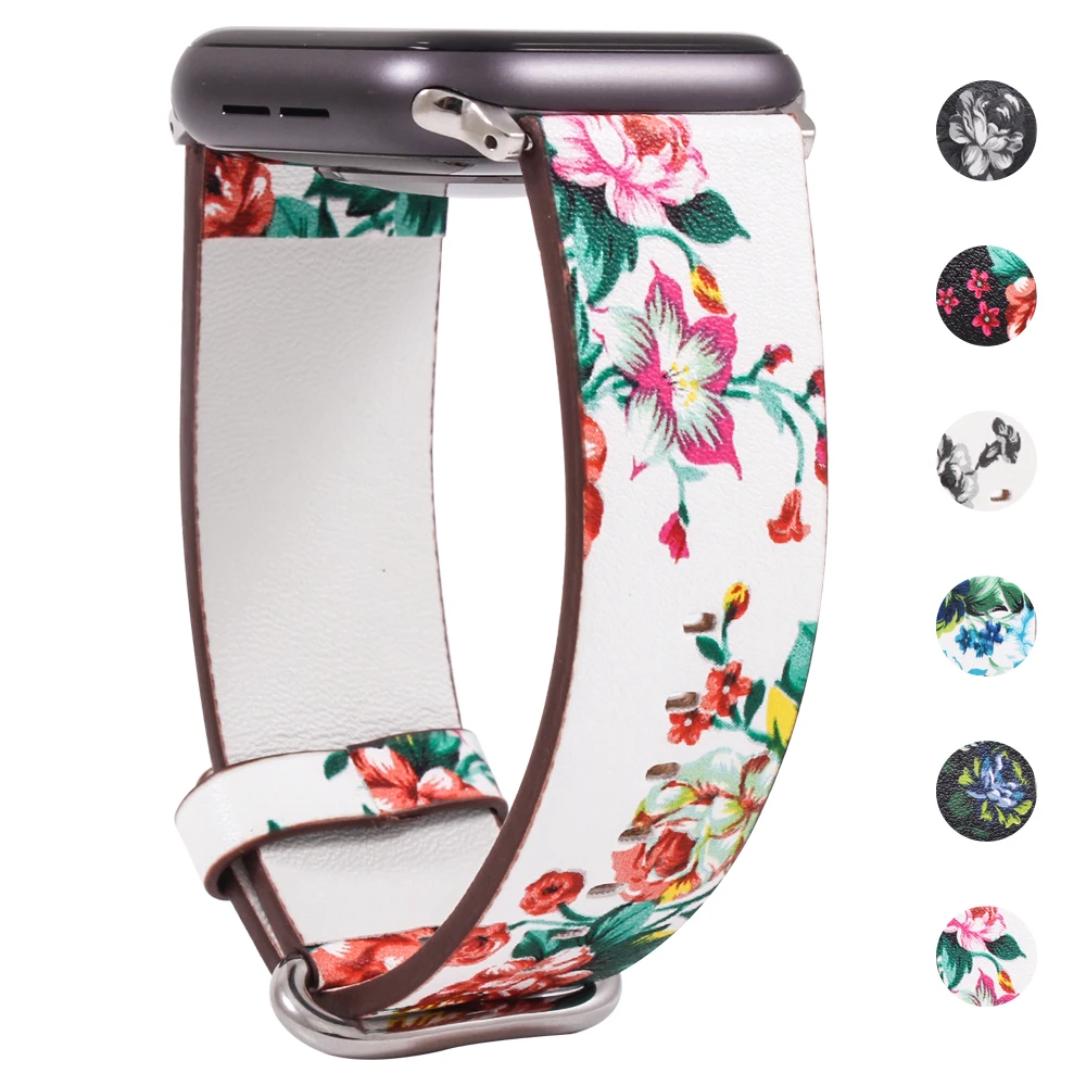 Leather strap for apple watch 8 7 6 5 4 SE serie 38 40 41mm Beautiful flower pattern watchband iwatch 3 2  42 44 45 49mm fashion