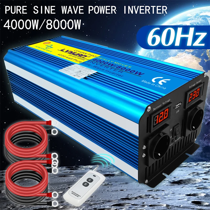 Pure Sine Wave Inverter DC 12V/24V to AC 220V 230V 60Hz LED Voltage Display Converter 5000W/6000W/8000W Remote Control EU Socket