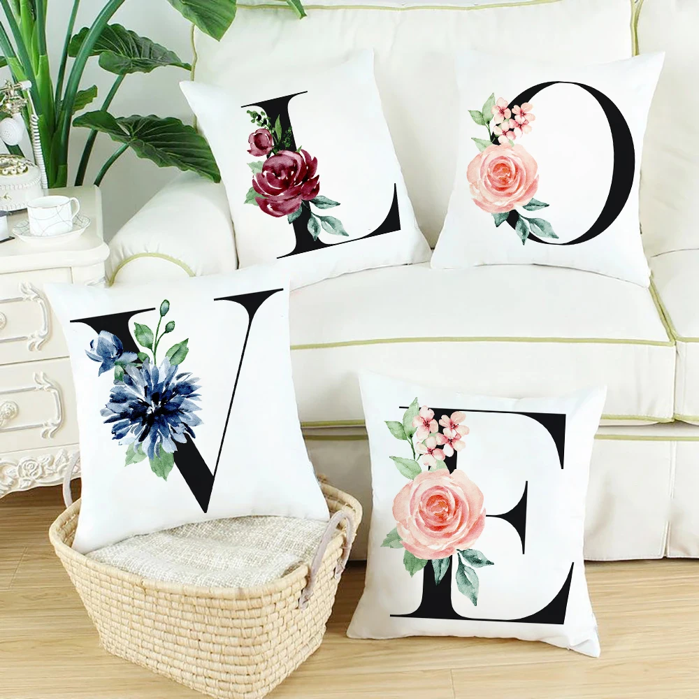 

Floral Alphabet Monogram Cushion Cover 45*45cm Printing Pillowcase Decorative Home Sofe Office Throw Pillows Cover Car Decor