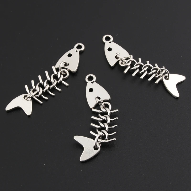 10pcs Silver Color 46x11mm 3D Fishbone Charms Fish Pendant Fit DIY Handmade Metal Punk Jewelry Making Finding Supplies