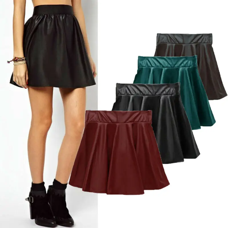 

Ruffle Fahsion Girl Bikini Cover Up Women Stretch Faux Leather High Waist Skirts Flared Pleated Mini Short Skirts