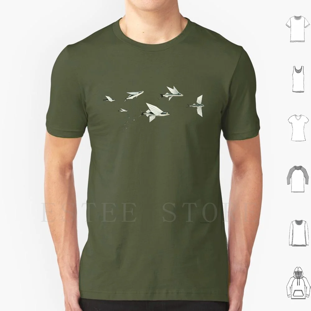 Flying Fish T Shirt Cotton Men DIY Print Flying Fish Animal Aquatic Ocean Sea Water Teal Green Blue Retro Vintage Soaring