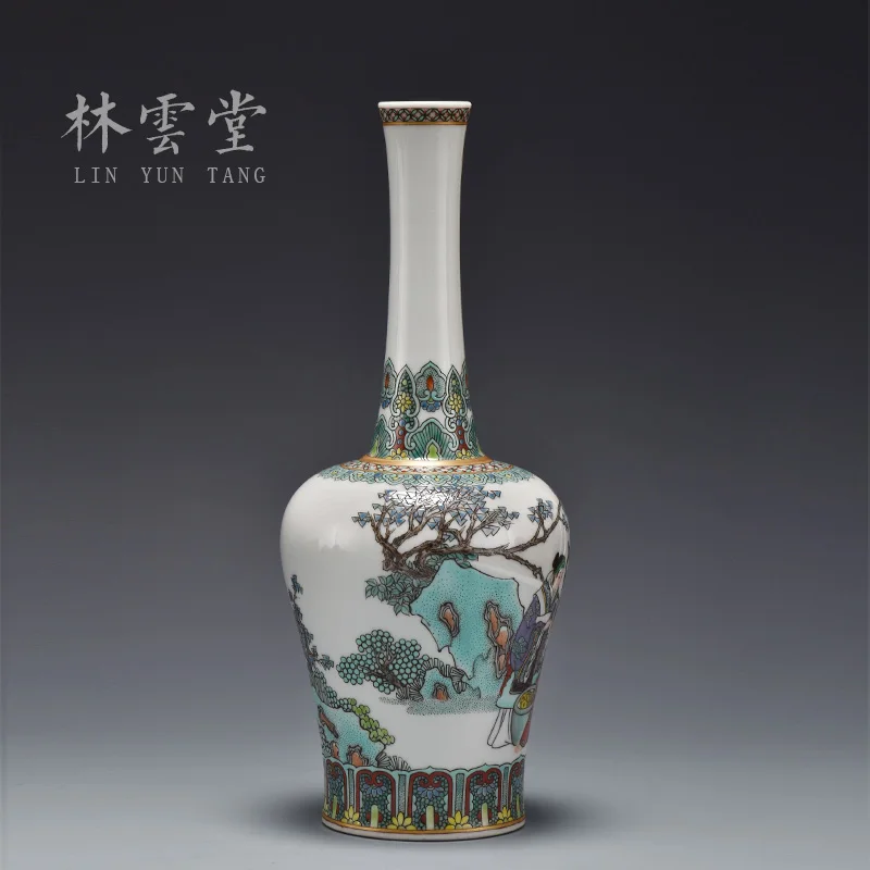 Lin Yuntang's hand-painted vase with long neck and antique color