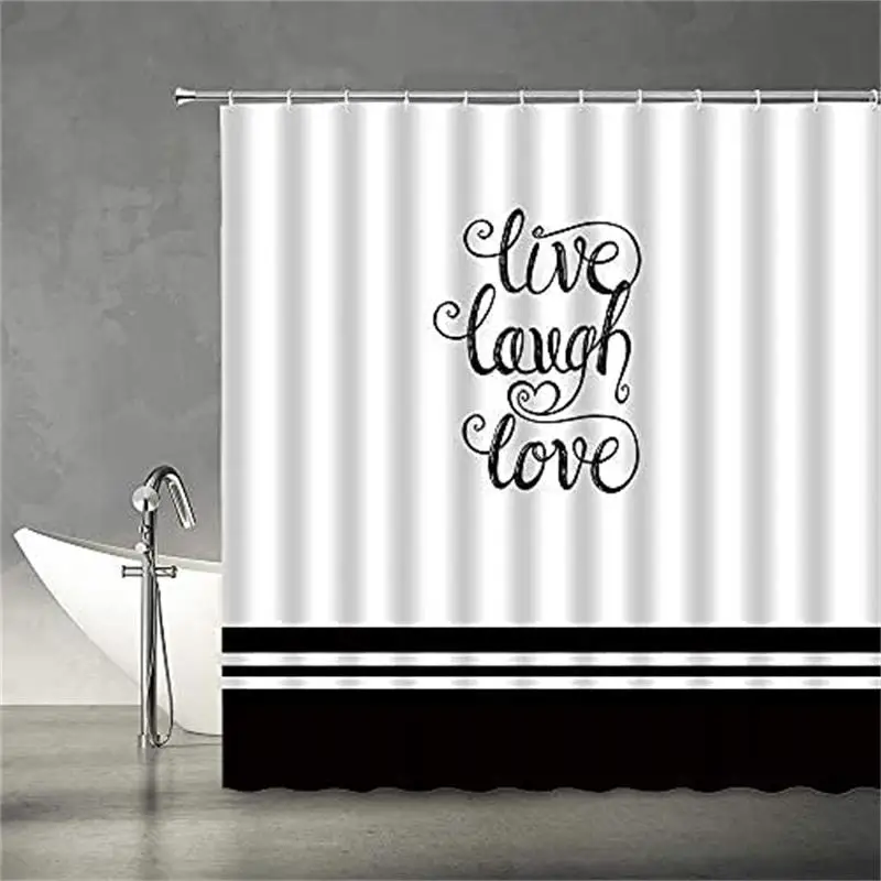 Black and White Shower Curtains Live Laugh Love Simple Inspirational Quotes Striped Farmhouse Fabric Bathroom Decor Set Hooks