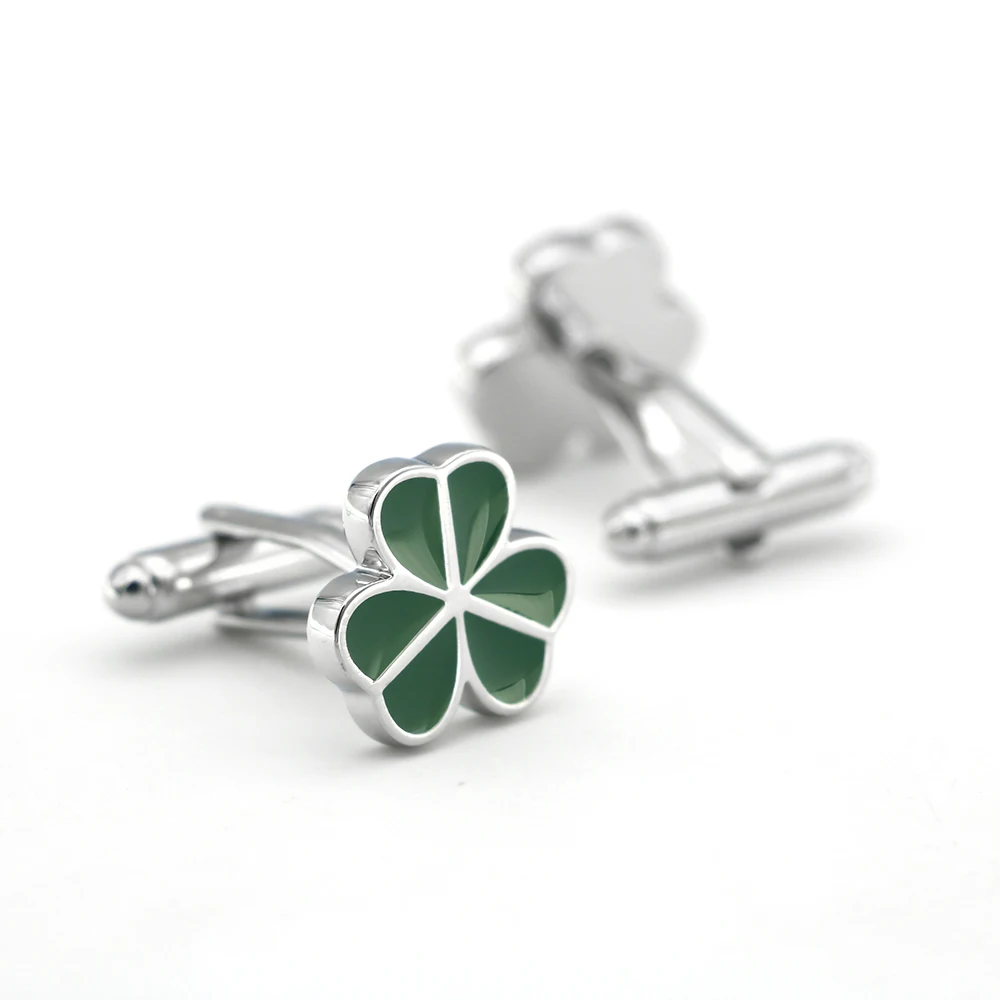 Free Shipping Men\'s Lucky Clover Cufflinks Leaf Design Green Color Quality Copper Cuff Links Wholesale&retail