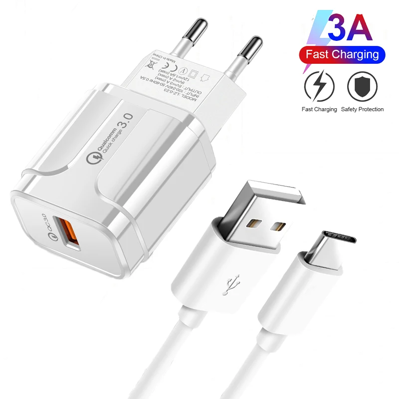 EU Wall Charger Quick Charge 3.0 Mobile Phone Charger For Xiaomi Mi 11 10 T Lite A2 A3 9SE Redmi 9A 9C USB Type-c Charger Cable