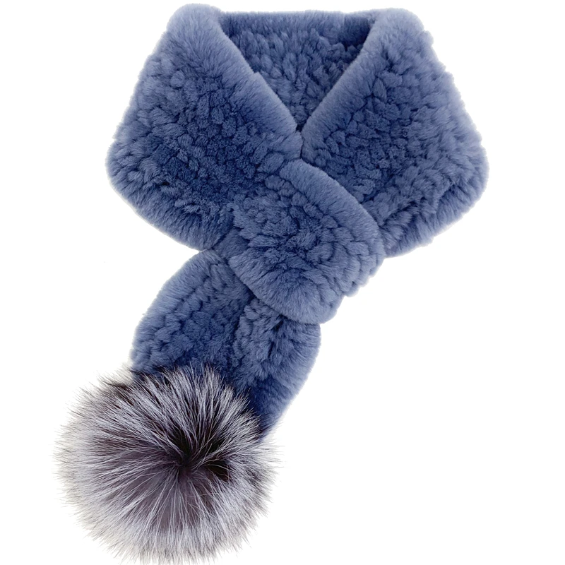 Women Real Rex Rabbit Fur Hand Knitted Scarf Wholesale Fluffy Winter Warm Wraps with Pompom Ball New Style Neck Warmer for Girls