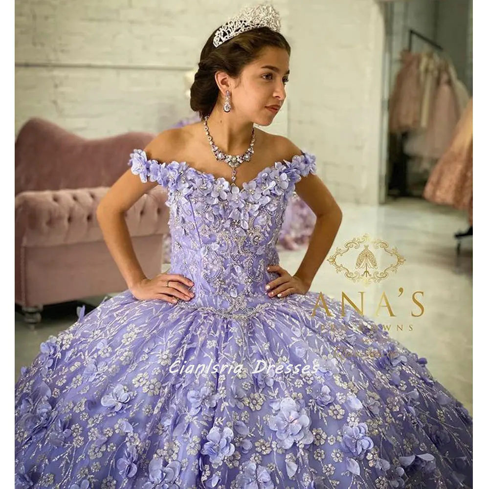 2023 Lavender Handmade Flowers Quinceanera Dresses Ball Gown Crystal Floral Lace Off The Shoulder Formal Party Sweet 16 Dress