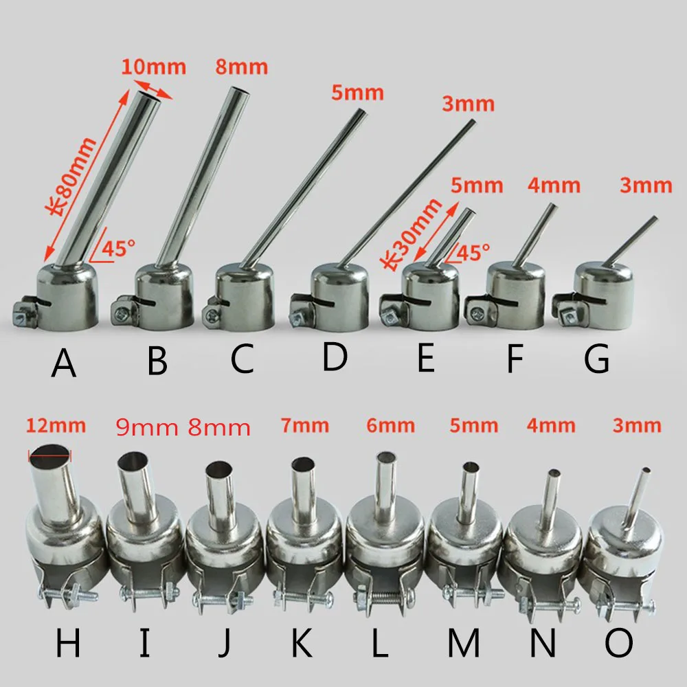 Hot Air Gun Nozzle Round Straight 45 Degree Bent Curved Angle Nozzle BGA Nozzles For 852D+ 850 Soldering Station Welding Nozzle