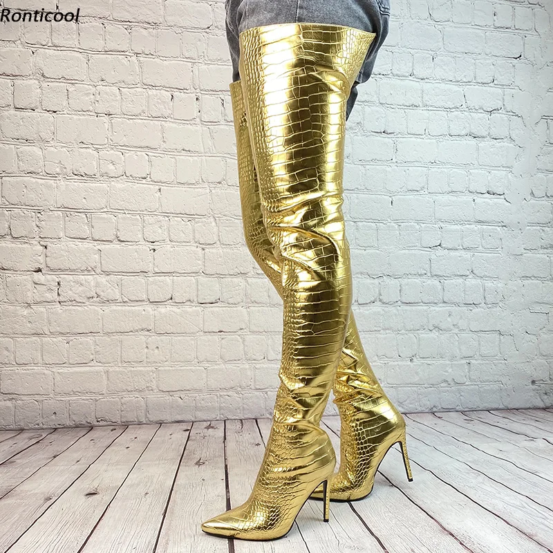 

Ronticool Handmade Quality Women Winter Thigh Boots Sexy Crocodile Stiletto Heel Pointed Toe Gold Silver Club Shoes Us Size 5-15