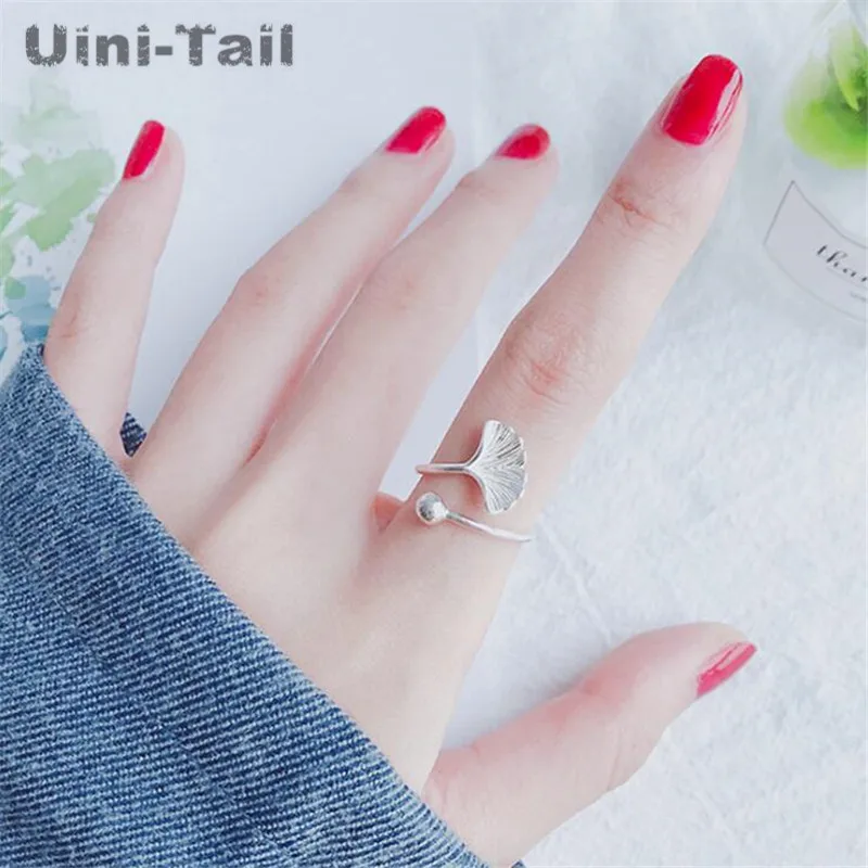 Uini-tail offre spéciale nouveau 925 argent tibétain Simple feuille de Ginkgo anneau frais mode feuille anneau ouvert bijoux de haute qualité ED650