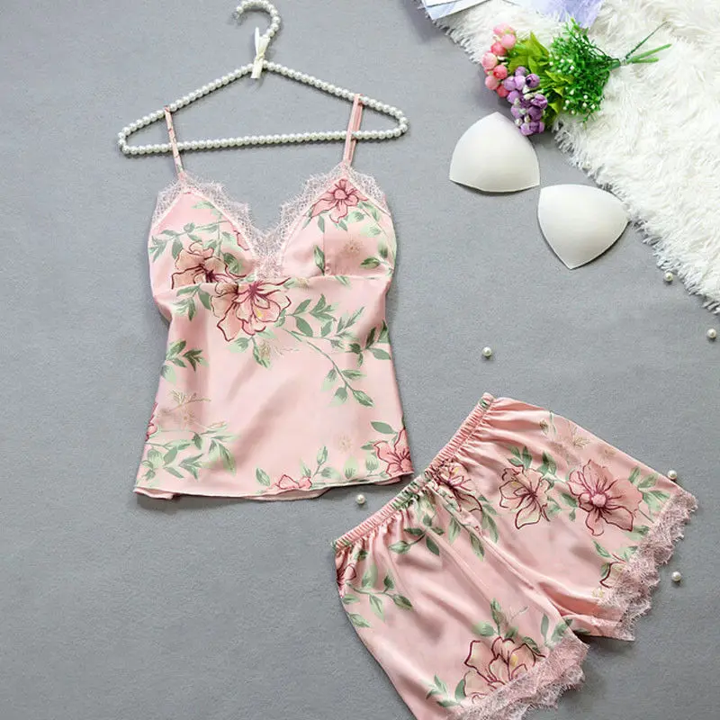 2Pcs Women Satin Silk Sleepwear Lace V Neck Tops + Long Pants Pyjamas Set Summer Ladies Underwear