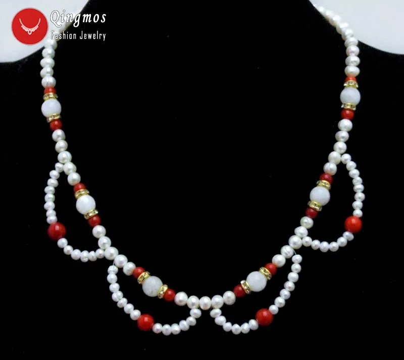 Qingmos Fashion 4-6mm Round Natural White Pearl Flower Lace Necklace for Women with 8mm Moonstone Necklace Red Coral Chokers 17