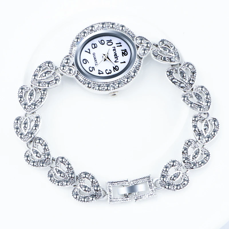 QINGXIYA Brand Luxury Women Gray Crystal Bracelet Watches Fashion Women Dress Wristwatch Ladies Antique Silver Quartz Watch
