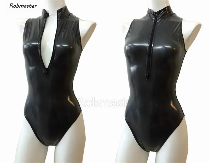 ผู้หญิงเซ็กซี่ Latex Bodysuit ชุดว่ายน้ำ One Piece สีดำเปิดหน้าอกซิปแขนกุดชุดว่ายน้ำผู้หญิง Zentai Jumpsuit Leotard