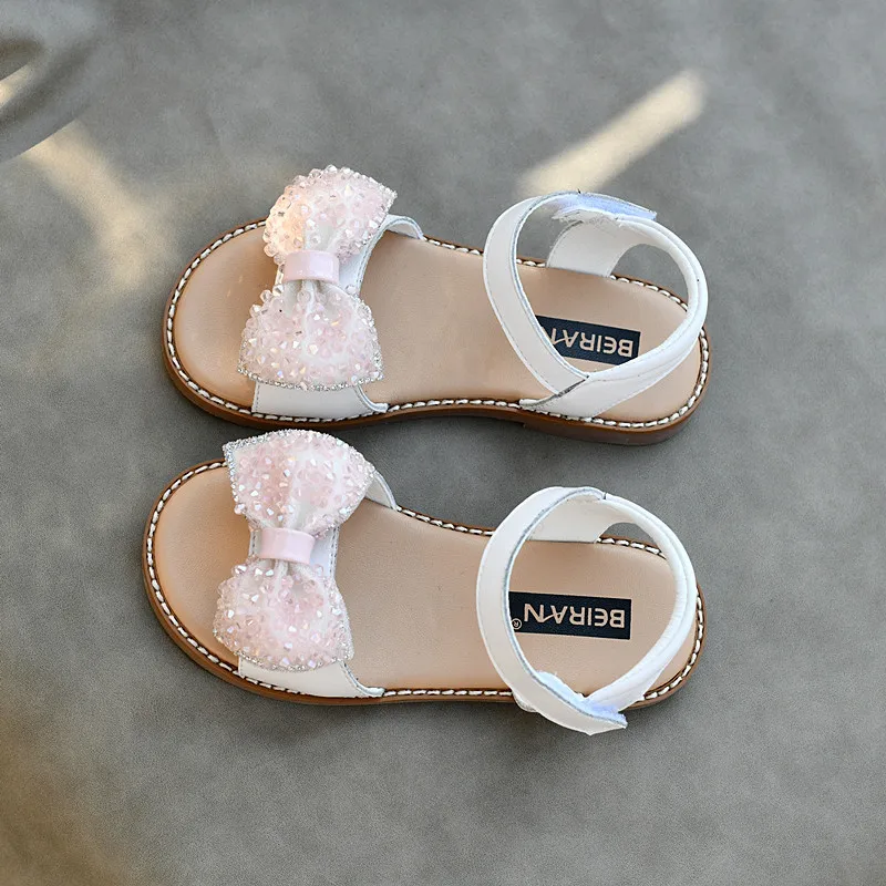 Summer Genuine Leather Girls Sandals Fashion Crystal Rhinestone Bow Baby Garden Shoes Kids Children Casual Sandals 3T 7T