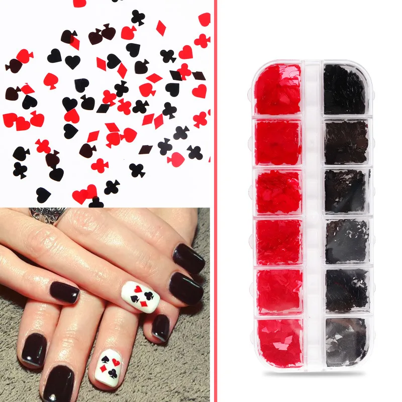 12 Grids Nail Art Decals Heart Diamond Spade Geometric Number Playing Cards Flakes Manicure Accessories for Creative DIY Nail