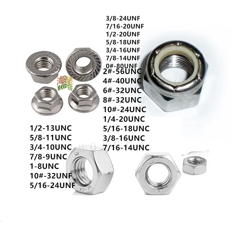 10pcs Us  304  Stainless Steel UNC or UNF Anti-loose Nuts, Self-locking Nuts, Nylon Lock Nut,Flange Hexagon Nut,Hex Nuts