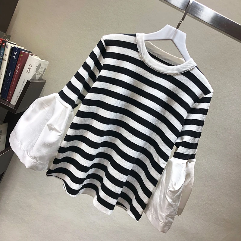 2023 spring cute loose sweater womens fashion korean knitted shirts flare sleeve striped stitch pullovers women tops blusa pull