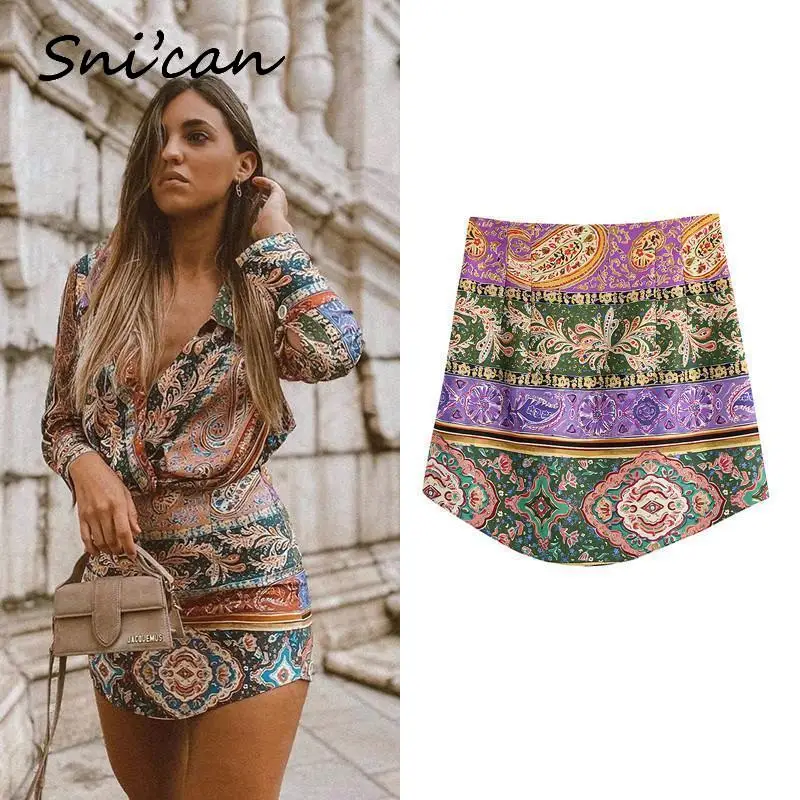 Purple Paisley Mini Satin Skirt High Waist A Line Office Ladies Short Faldas Mujer Jupe Femme Za 2021 Women Casual Bottom New