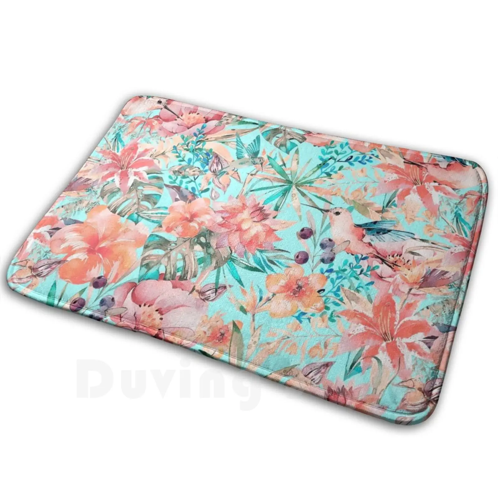 Tropical Jungle Flowers And Birds In Soft Pastels Mat Rug Carpet Anti-Slip Floor Mats Bedroom Pastel Hummingbird Bird Sumptuous