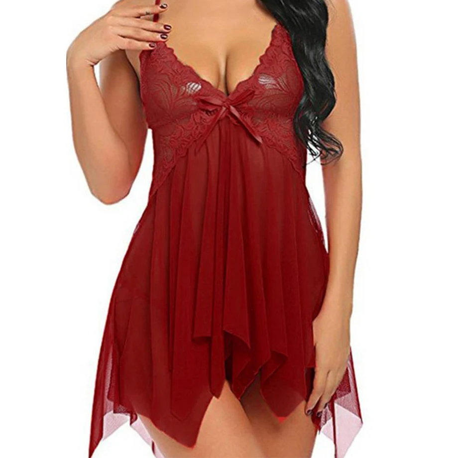 Chemise de nuit en dentelle transparente pour femmes, vêtements de nuit sexy, robe de lingerie, vêtements de nuit chauds, rouge, noir, grande taille, nouveau, livraison directe