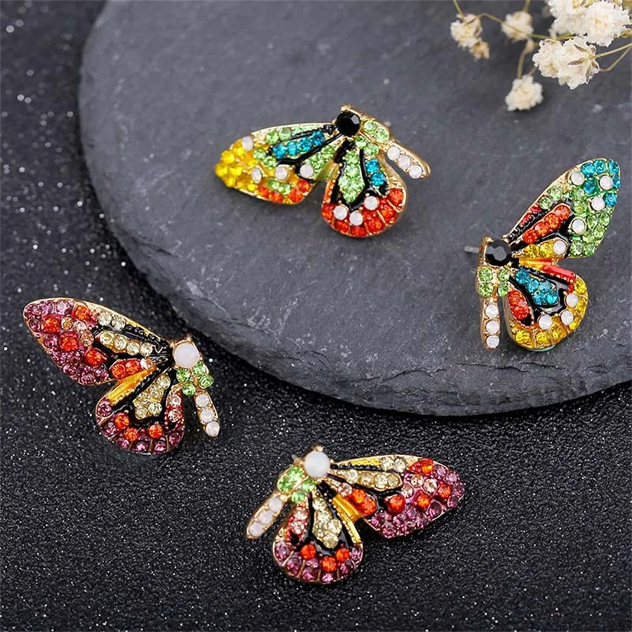 Original Half Of Butterfly Studs Earrings For Women  New Vintage Rhinestone  Personality Metal Earrings Sweet Romantic Jewelry