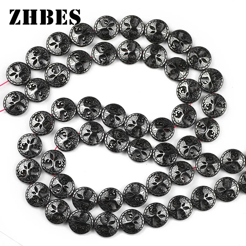 Black Life Tree Form Naturstein Hämatit gebogene Münze Spacer lose Perlen für DIY Schmuckherstellung Armbandzubehör 12 mm