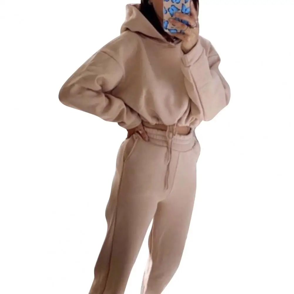 1 Set Hoodie Pants Set Women Tracksuit Drawstring Solid Color  Crop Top Hooded Sweatshirt Sweatpants Two Piece Running Set