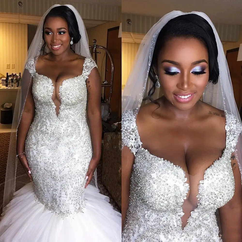 

African Plus Size Mermaid Wedding Dresses 2024 Cap Sleeves Beaded Crystal Ruffled Tulle Puffy Bridal Gowns Vestidos De Noiva