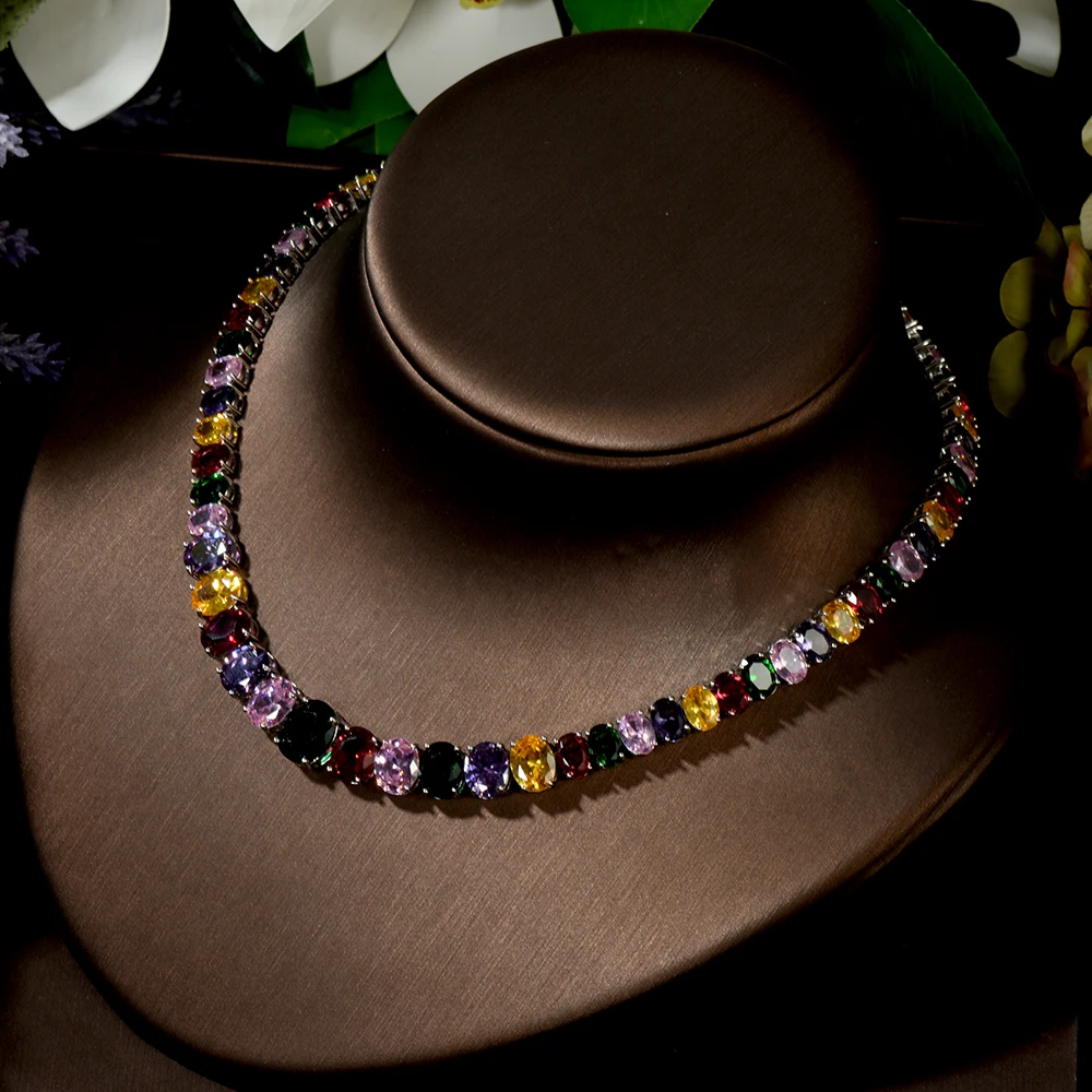 HIBRIDE البيضاوي جولة زركون قلادة أقراط للنساء أنيقة متعدد الألوان الكريستال الإناث عشاء اللباس والمجوهرات مجموعة N-1446