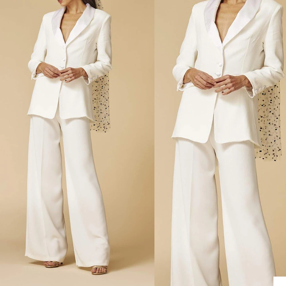 

Leisure Ivory Women Blazer Suits Wide Leg Pants Work Clothes Mother of the Bride Tuxedos Prom Guest Wedding Wear 2 Pieces