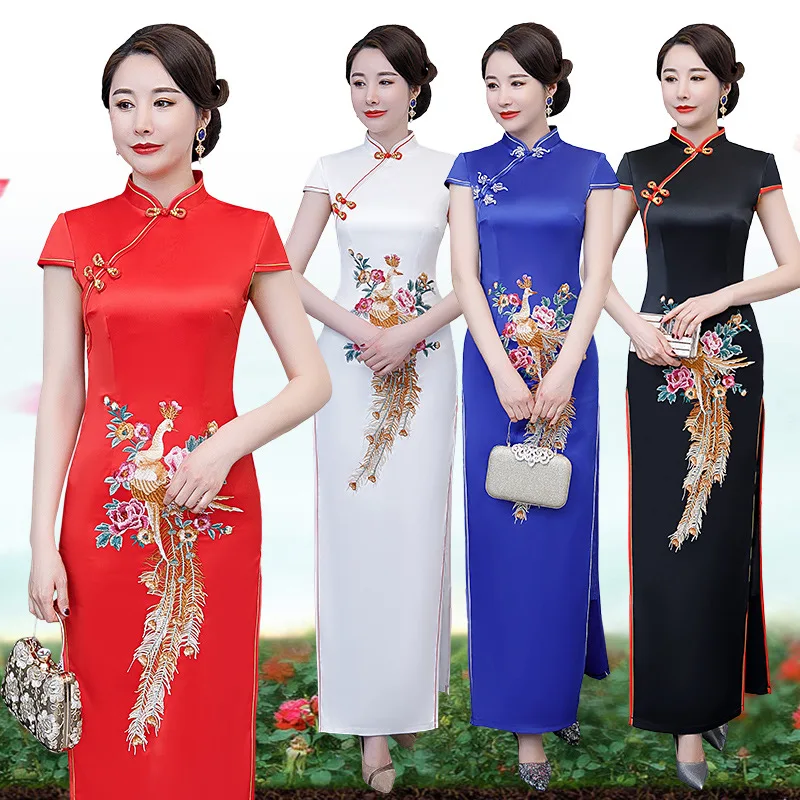 Novelty Women New Chinese Style Mandarin Collar Qipao Wedding Evening Party Bodycon Dress Ancient Embroidery Cheongsam