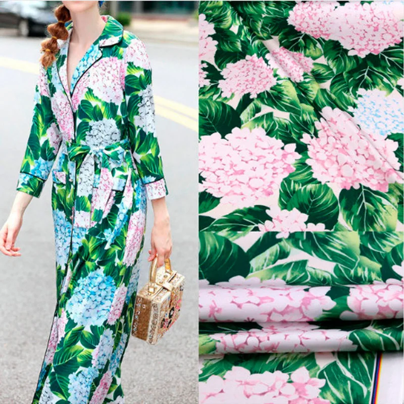 Fashion Hydrangea Green Leave Printed Imitate Silk Satin Fabric For Woman Girl Dress Blouse Pajamas DIY Cloth Sewing