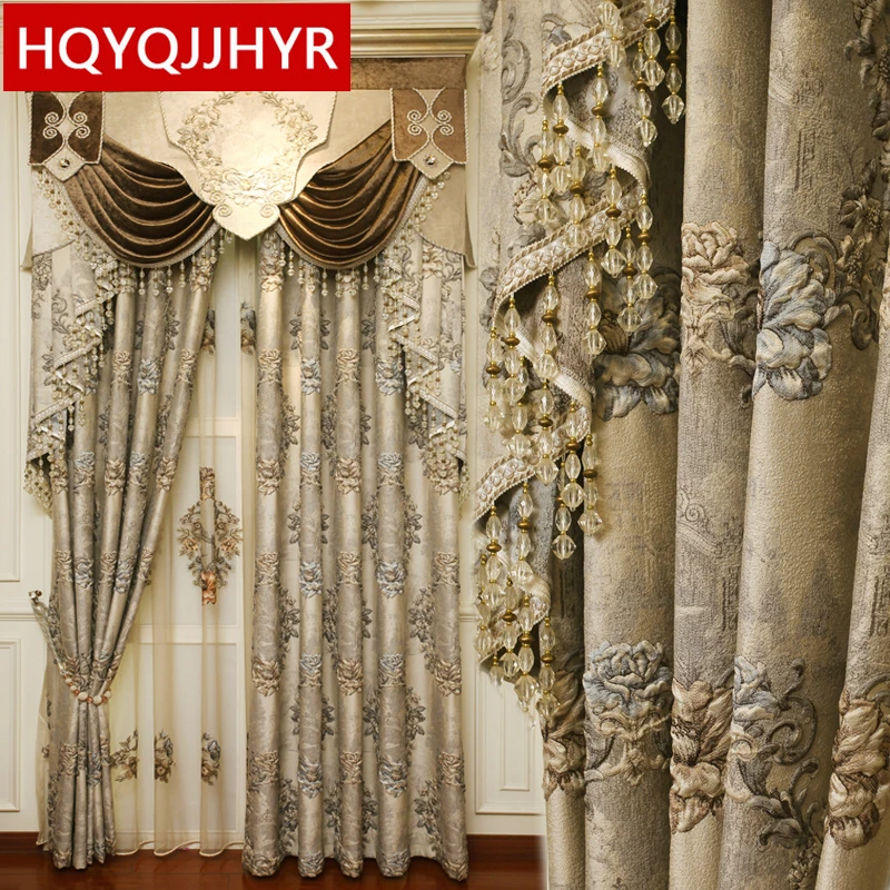 European style high quality luxury villa 4D relief full shade black beige curtains for living room windows bedroom hotel kitchen