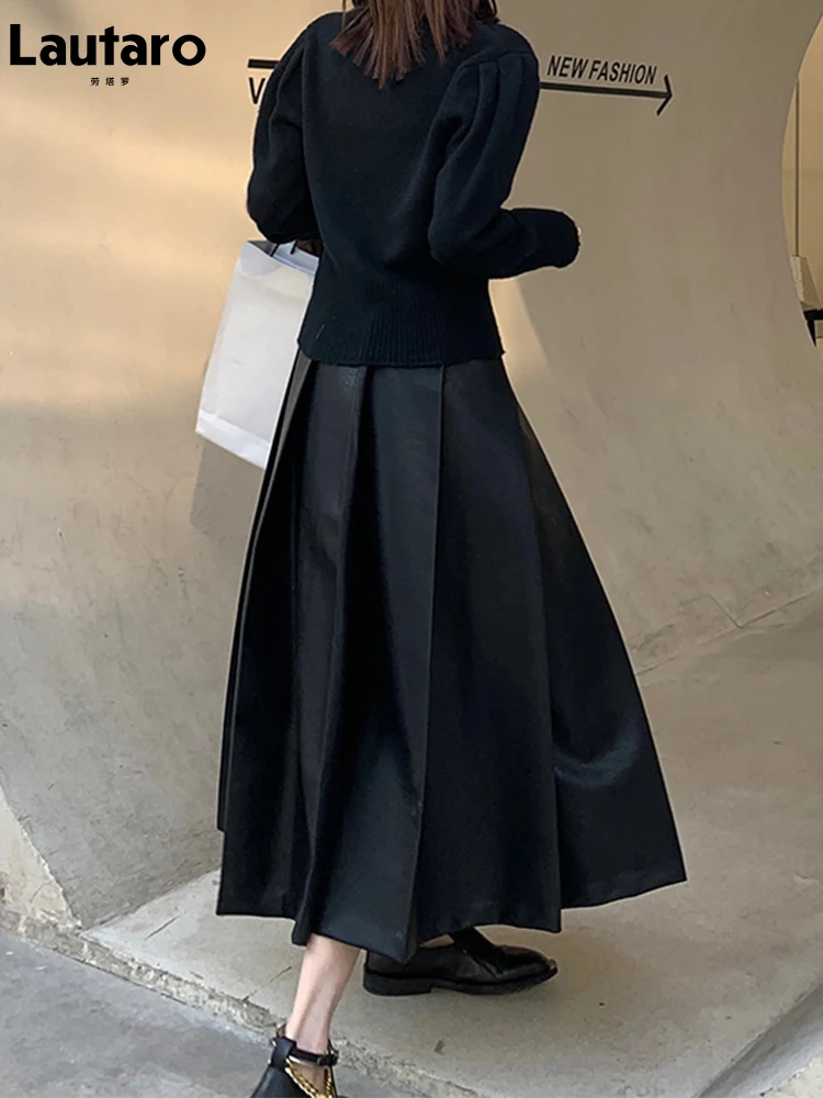 Lautaro Autumn High Waisted Pleated Black Soft Faux Leather Midi Skirt A Line Long Skirts for Women Korean Fashion Clothing 2021