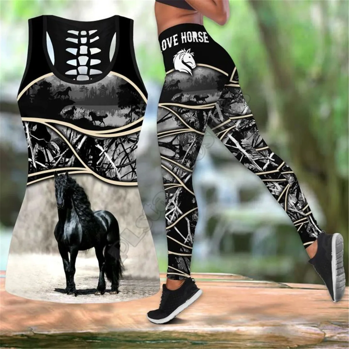 PLstar Cosmos Workout Pants Horse Lady 3D Printed Hollow Out Tank Legging Suit Top sexy Yoga Fitness Soft Legging Women Girl 03