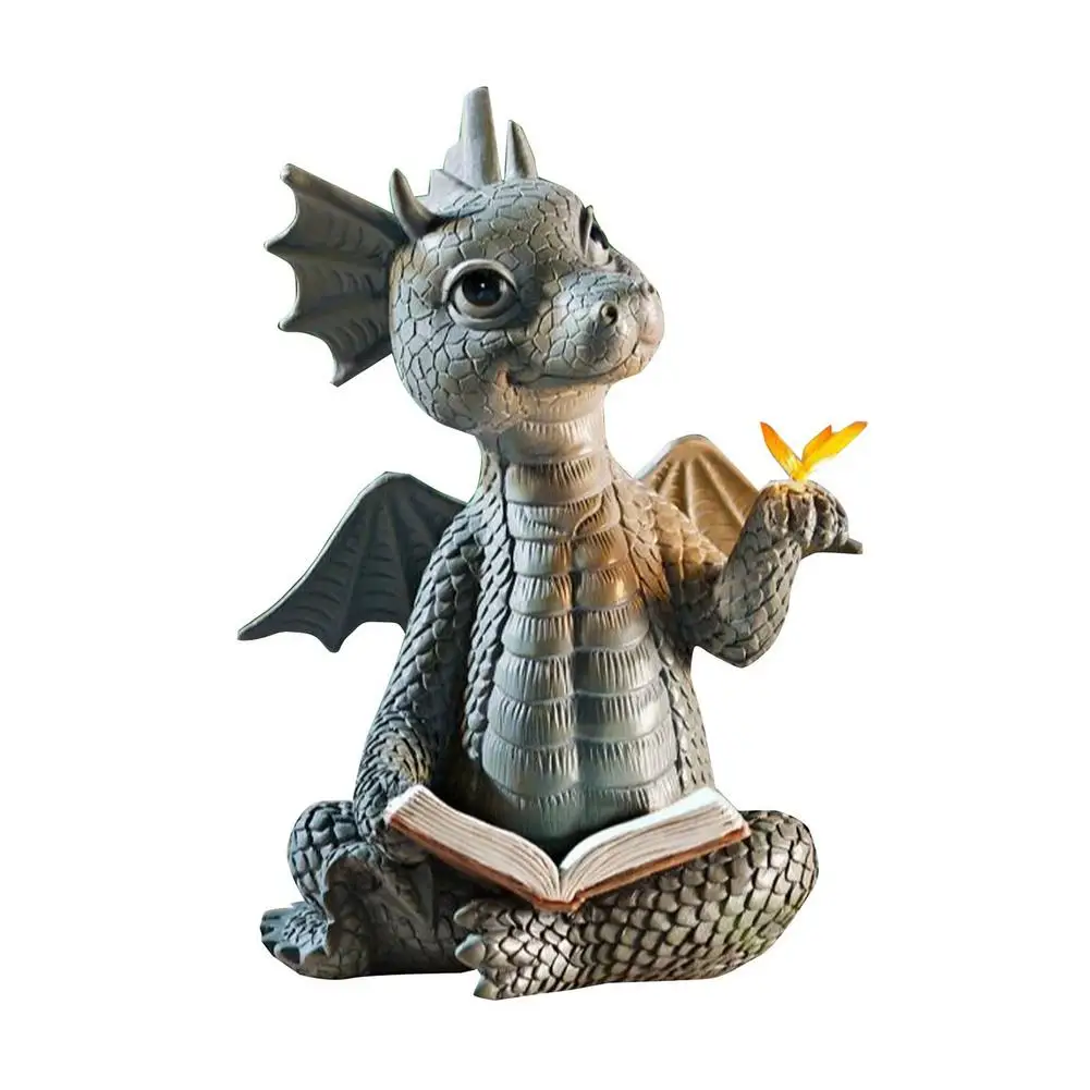 Garden Statue Realistic Decorative Resin Butterflies Baby Dragon Reading Book Sculpture Figurine for Garden drop shipping