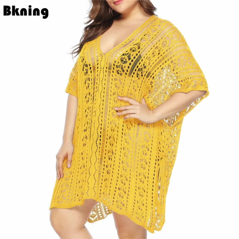 Large Size Knitted Dress Women Crochet Beach Dresses Tunics 2022 Trend Pareo Cover Up saida de praia Summer Beachwear Red Tunic