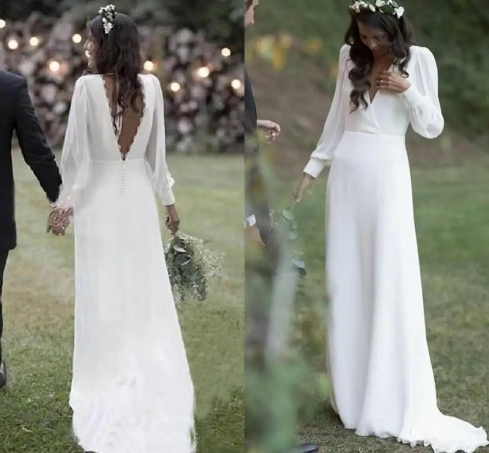 

2025 Boho Satin Lace Wedding Dresses With Long Sleeves V Neck Buttons Country Bridal Gowns robe de mariee