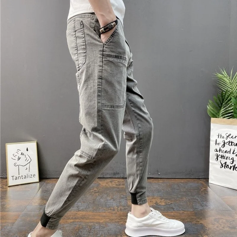 Summer New Men Solid Color Pencil Pants High Street Hip Hop Casual Jeans Black Gray Biker Stretch Ankle-Length Pants Plus Size