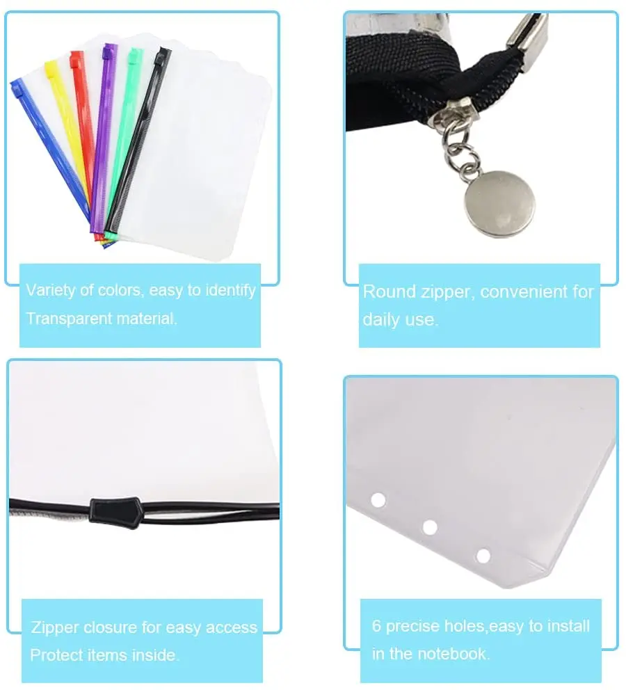 13 Pieces A6 Binder PVC Notebook Cover  Budget Envelopes System Planner Organizer with12 Pcs Colorful Binder Zipper Pockets