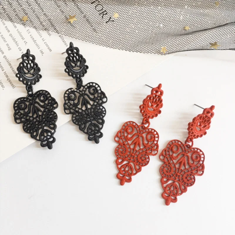 Stud Earrings Bohemian Openwork Pattern Earrings For Women Brincos Earing Gold color Black Color Jewelry Pendientes GIFT Red