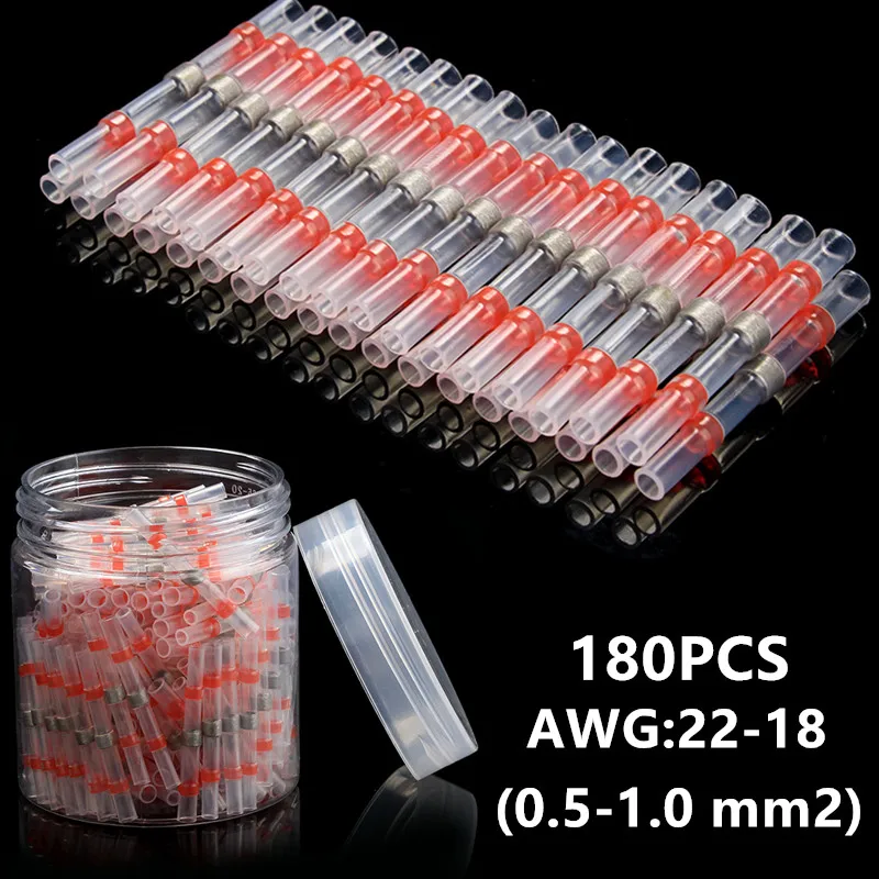 

180PCS Waterproof Heat Shrink Solder Sleeve Wire Connectors Kit Insulated Seal Butt Connector Soldering Terminals 0.5-1.0 mm2