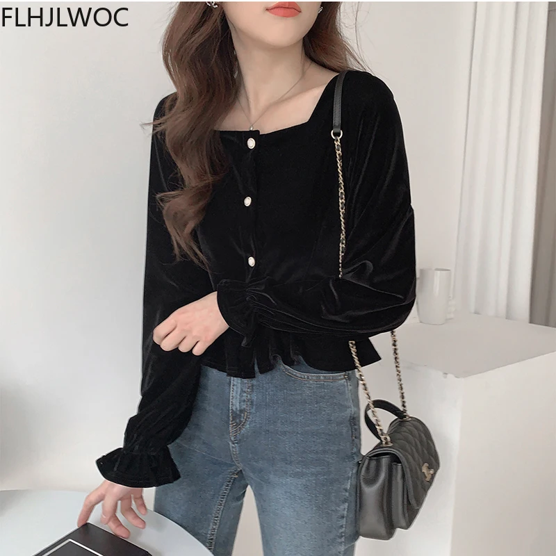 Black Chic Korea Cute Velvet Short Tops Blusas Women Long Sleeve Elegant Office Lady Winter Spring Button Basic Shirts Blouses