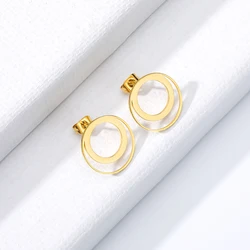 Stainless Steel Bijoux Geometric Circle Stud Earrings Rose Double Round  Earrings For Women