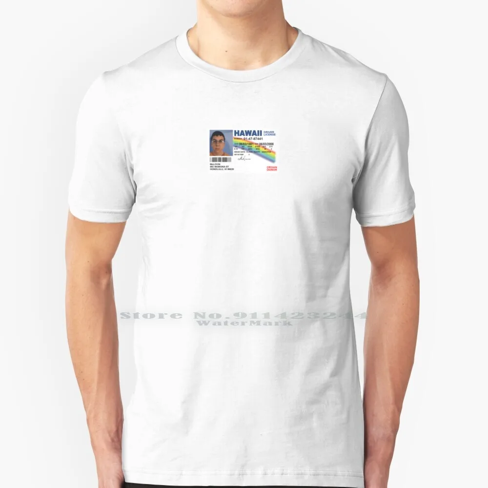 Camiseta de algodón 100% con licencia de identificación falsa de Superbad Mclovin, película divertida de Jonah Hill, comedia, Hawaii, Michael Cera, Fogell