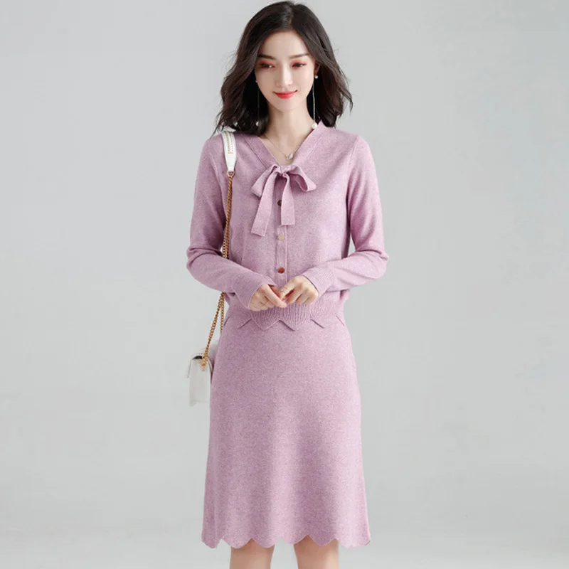 

2020 New Knitted 2 Piece Set Women Long Sleeve Pullove Sweater Tops and Pencil Skirt Set Knitted Skirt Female Sweater Suit kz017