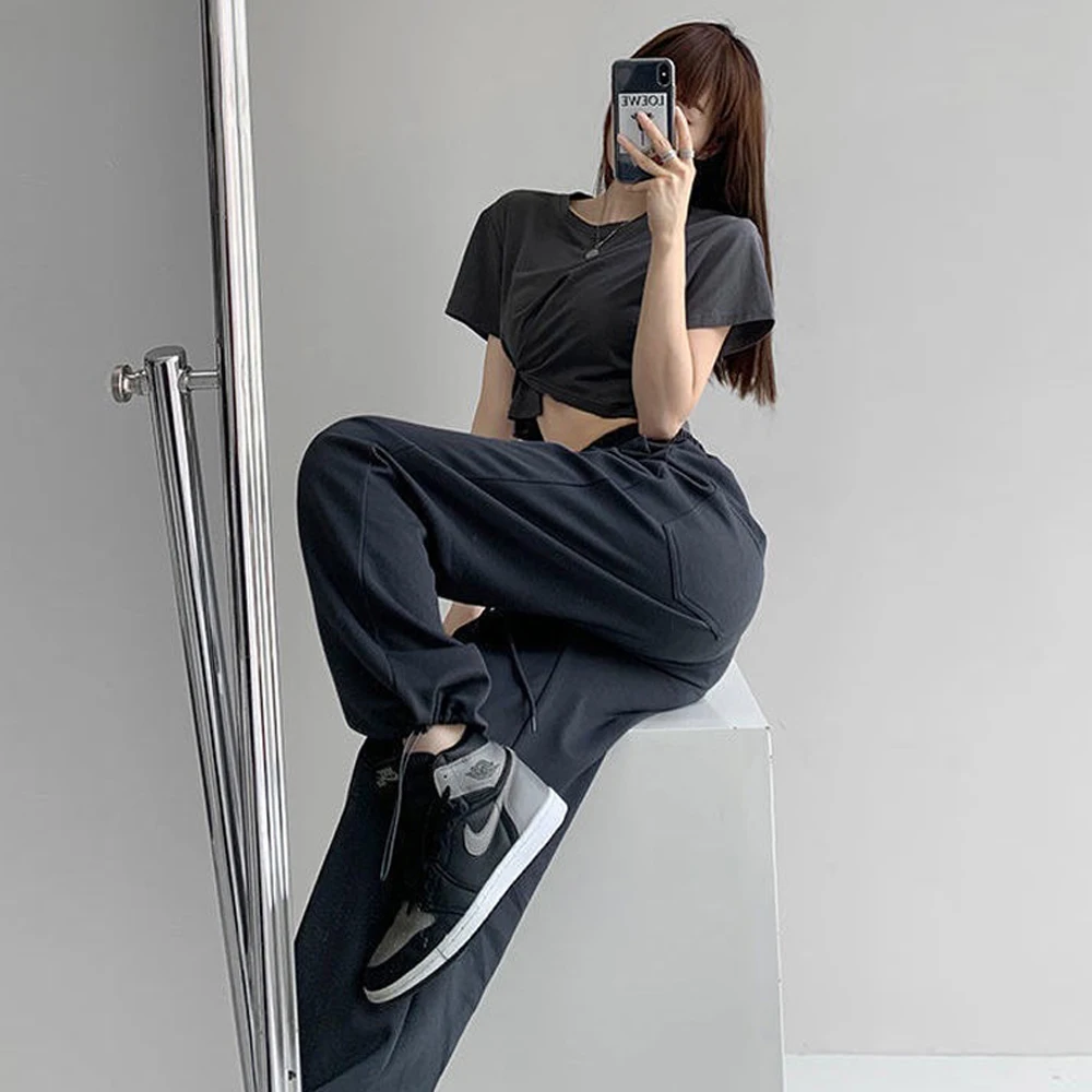 

Women's waistband casual loose women pocket sports pants autumn fashion jogging high waist trousers women streetwear black